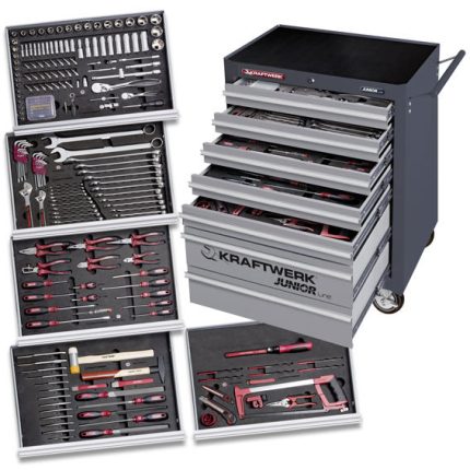 Carro de ferramentas equipado com 266 ferramentas profissionais, distribuídas por 7 gavetas