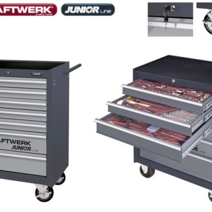 Carro de ferramentas equipado com 266 ferramentas profissionais, distribuídas por 7 gavetas